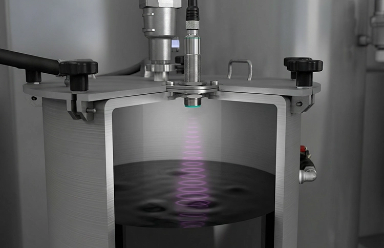 Ultrasonic sensor for detecting corrosive liquid levels in tanks and containers