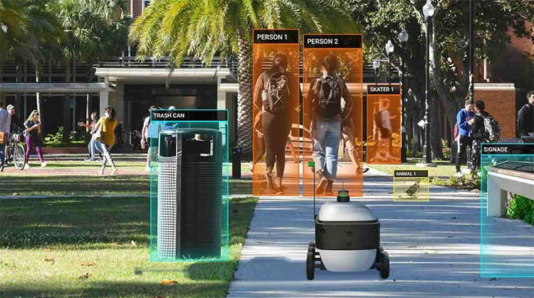 An AMR equipped with lidar moves along a crowded sidewalk