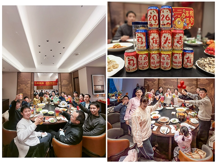 All employees raise their glasses and blend with the blessing wall and shadow wall