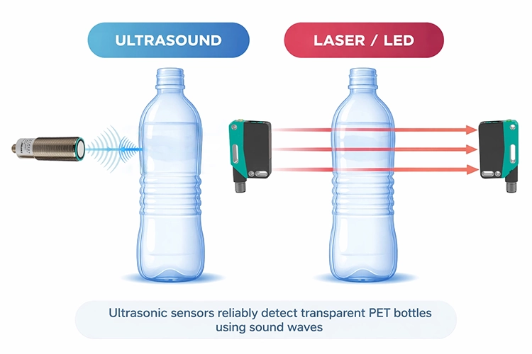 Ultrasonic sensors reliably detect transparent PET bottles using sound waves