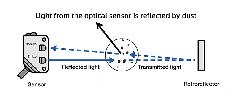 The optical signal from the optical sensor is refracted upon encountering dust