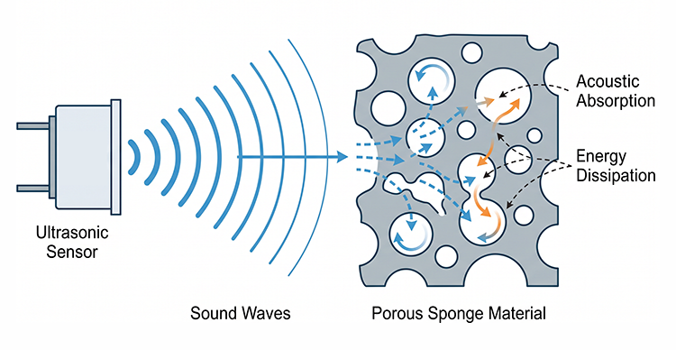Schematic diagram of ultrasonic sensor sound waves being absorbed by sponge