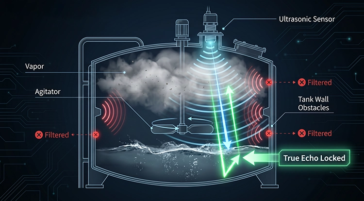 Ultrasonic sensors identify and filter out noise generated by tank wall obstructions and steam interference